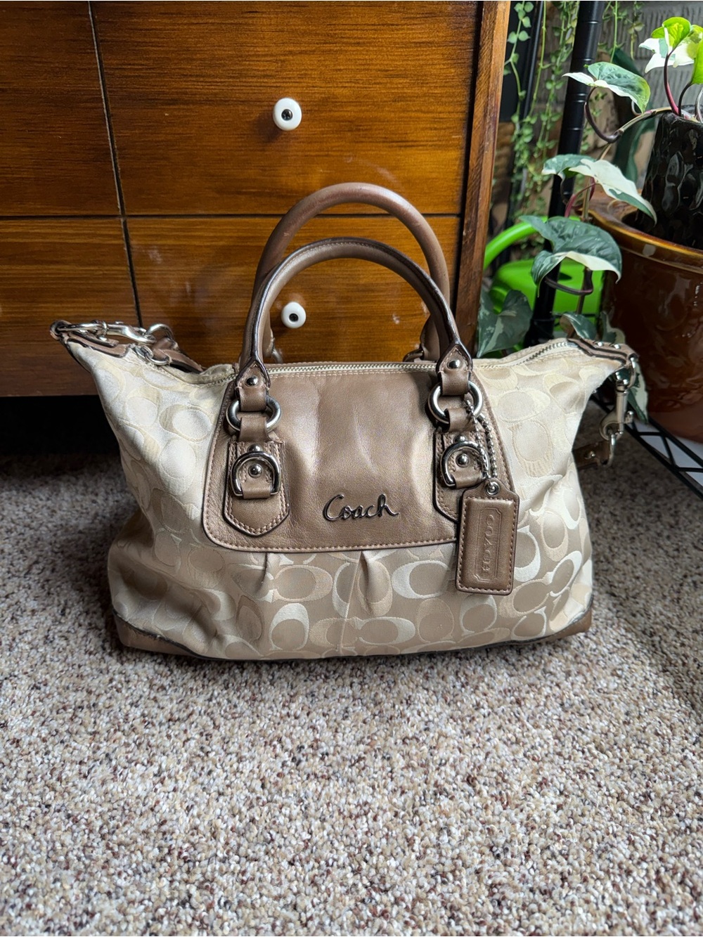 Coach Beige Signature Canvas Satchel with Tan Leather Trim